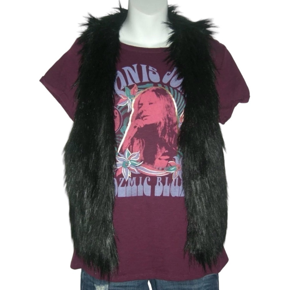 Vintage 90s y2k Wet Seal Vest Black Fuzzy Shaggy Faux Fur Leather Boho egirl ALT